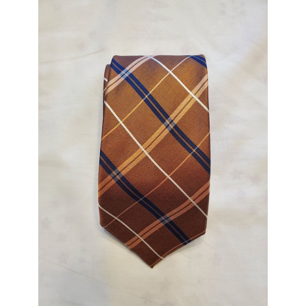 Tommy Hilfiger Men's Necktie Orange Eith White And Blue Stripes 100 % Silk